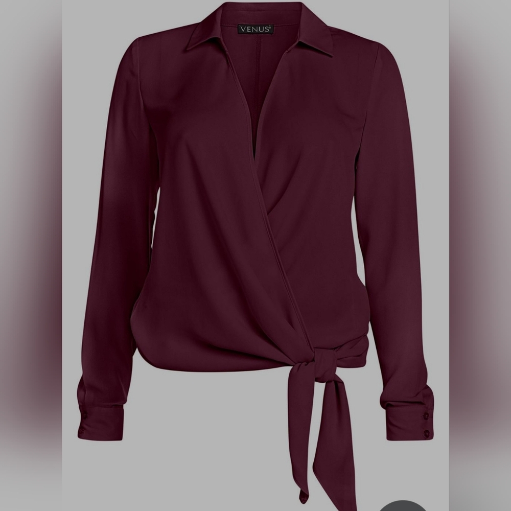 Venus ~ Collared V-Neck and Button Cuffs Blouse with a Wrapped Front